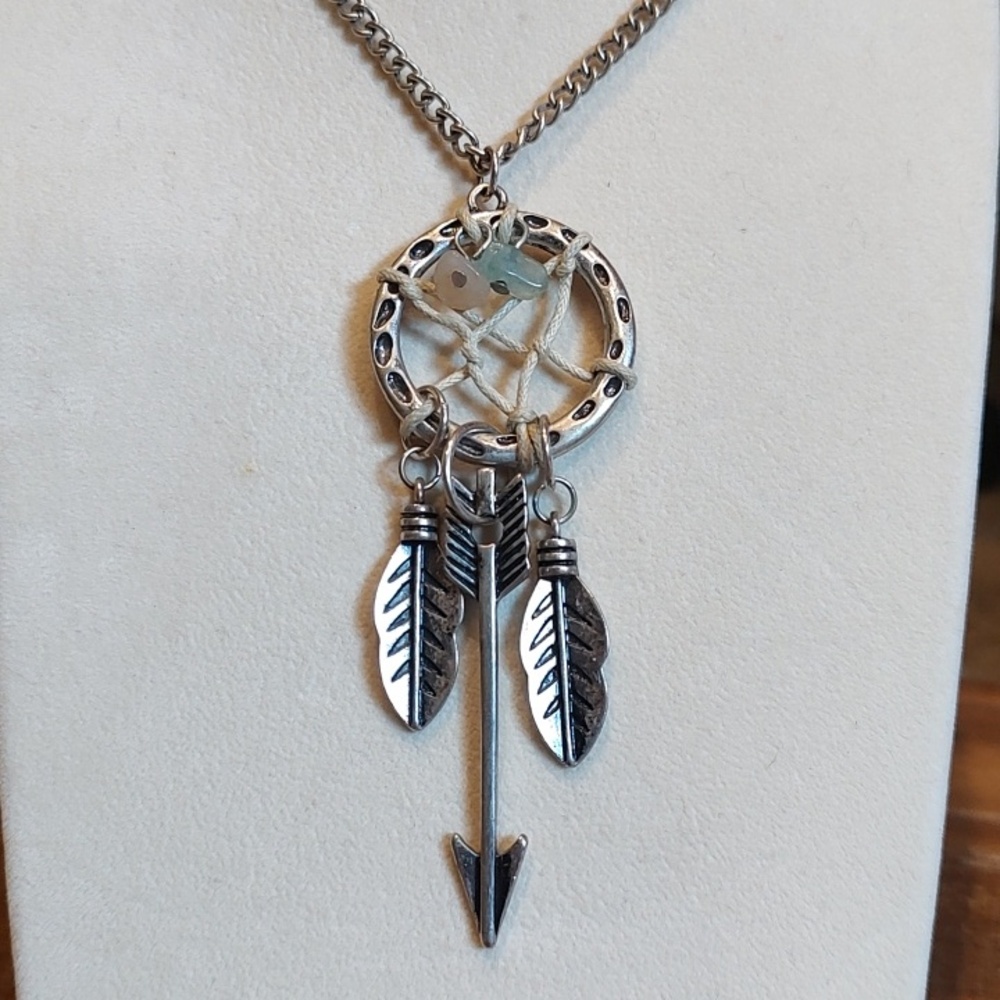 Long Silver Dreamcatcher Pendant Necklace With Arrow And Feathers